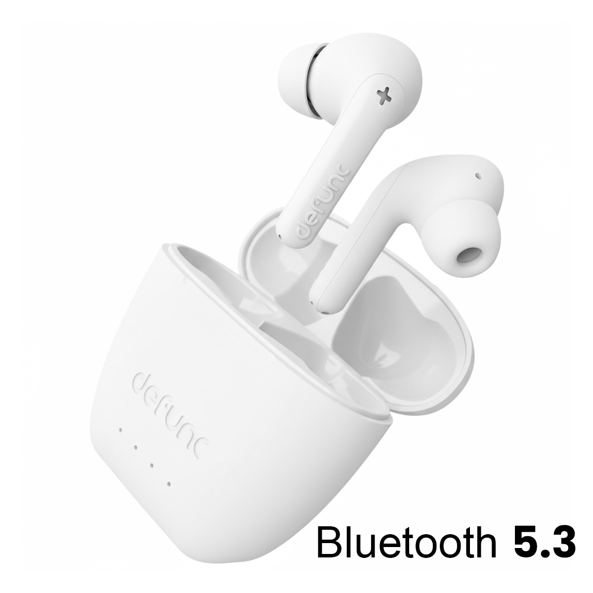 Weiße kabellose Kopfhörer mit Ladecase und Bluetooth 5.3.