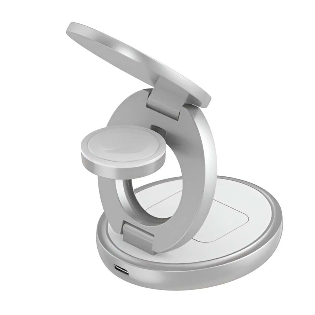 Un soporte de carga plateado con una base de carga redonda y un brazo para un dispositivo.
