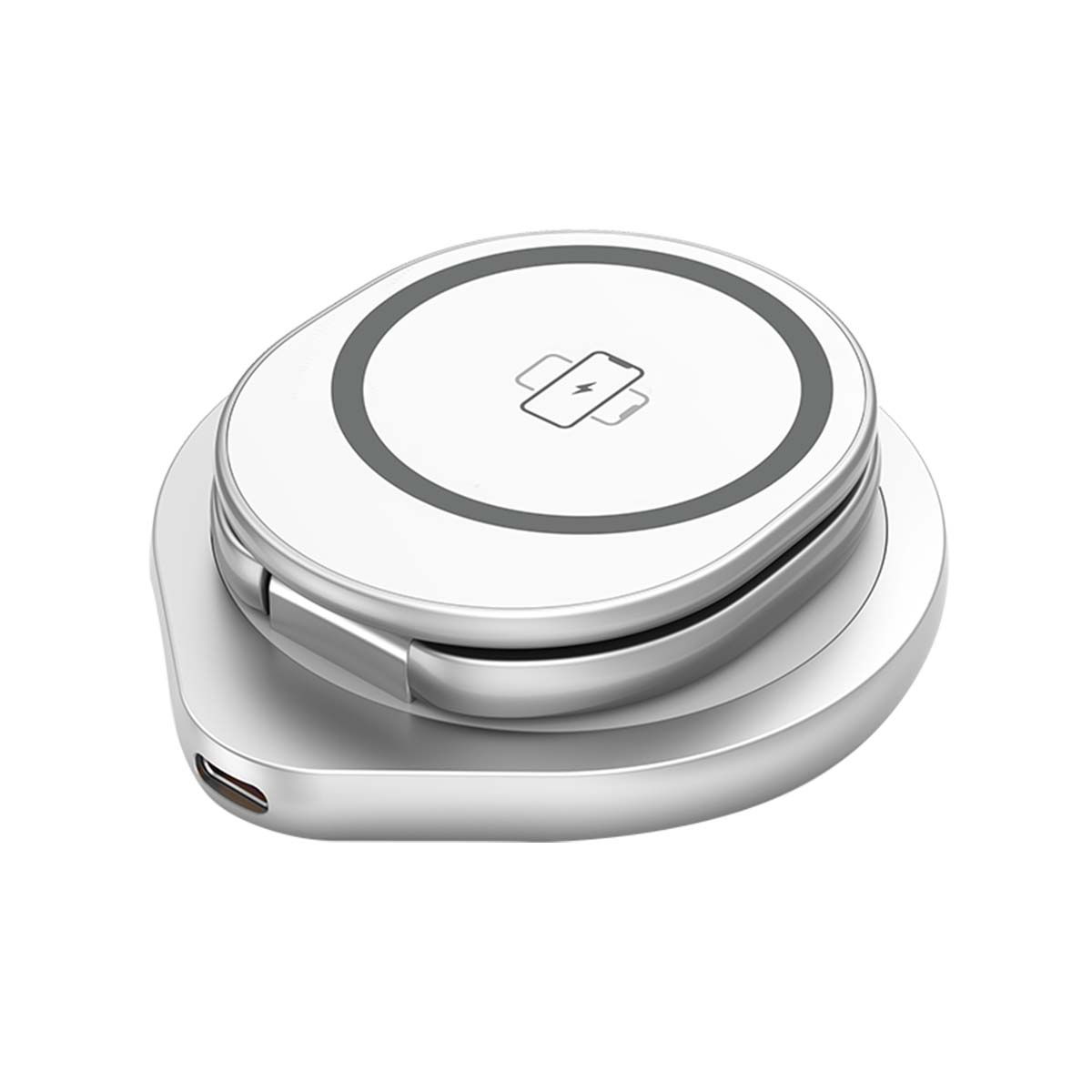Un soporte de carga inalámbrica blanco con puerto USB-C e icono de carga.