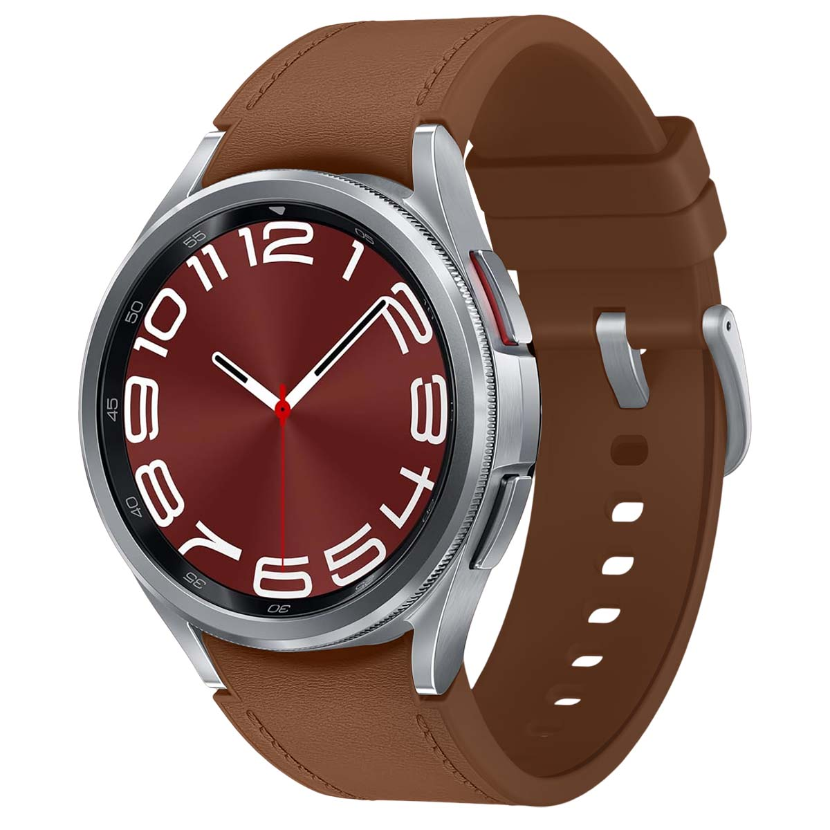 Un reloj inteligente plateado con correa marrón y esfera roja.