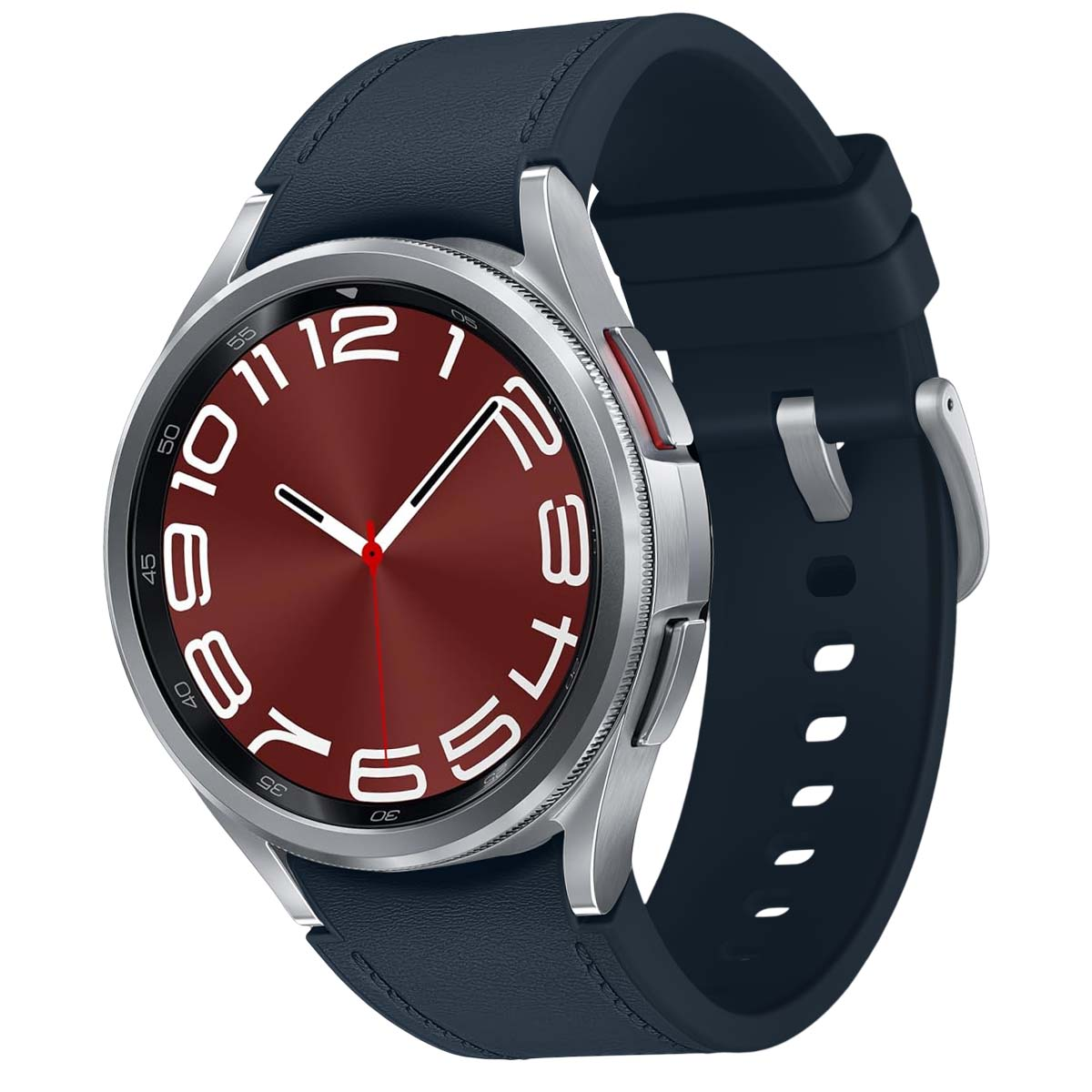 Un reloj inteligente plateado con esfera rojo oscuro y números blancos.