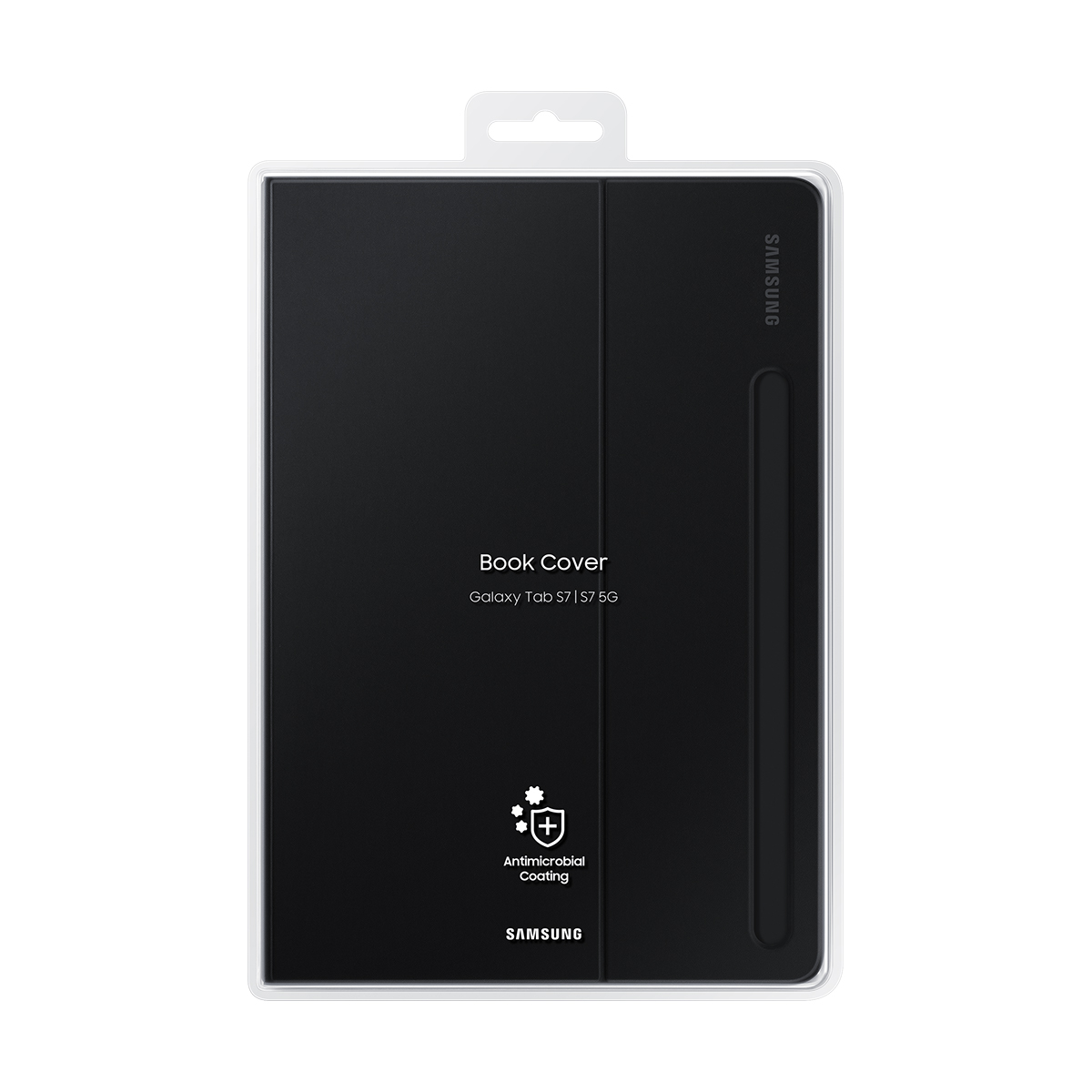Funda tipo libro Samsung Galaxy Tab S7/S7 5G negra en empaque con recubrimiento antimicrobiano.