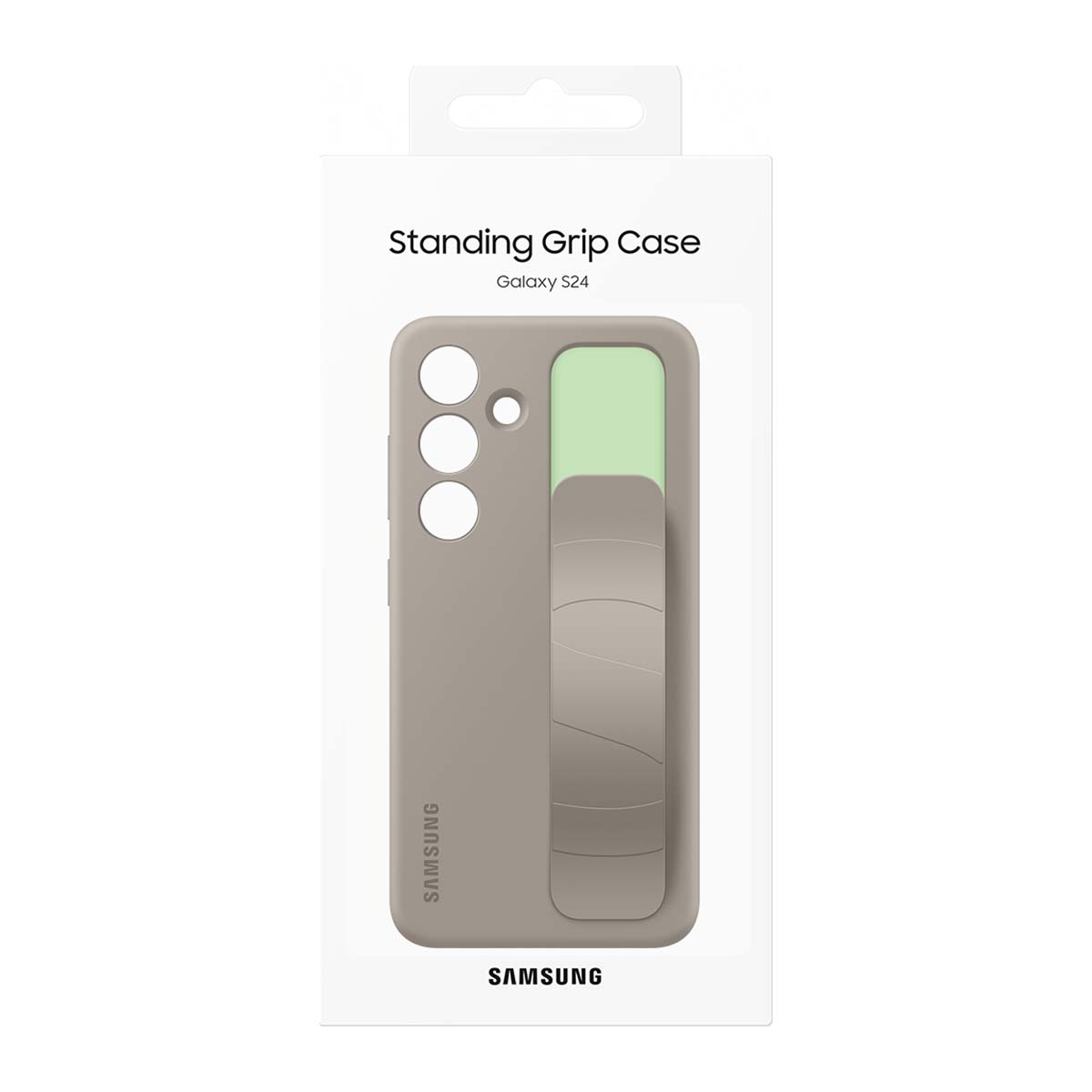 Grijze staande gripcase voor Galaxy S24 met geïntegreerde grip.