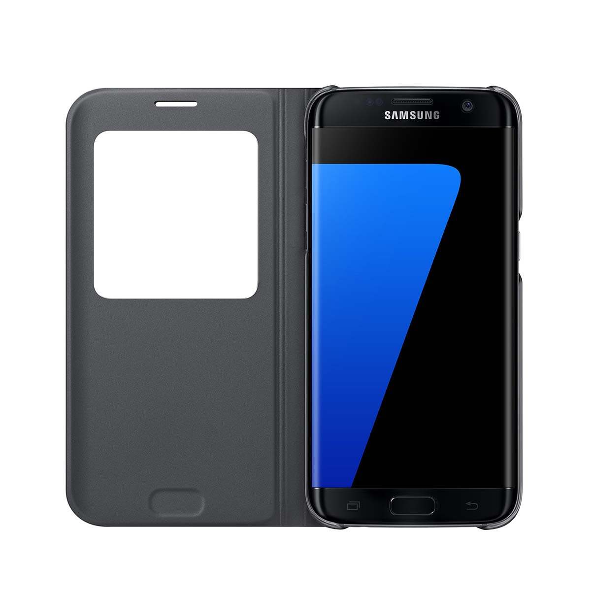 Ein graues Handycover liegt neben einem schwarzen Smartphone mit blauem Bildschirm.