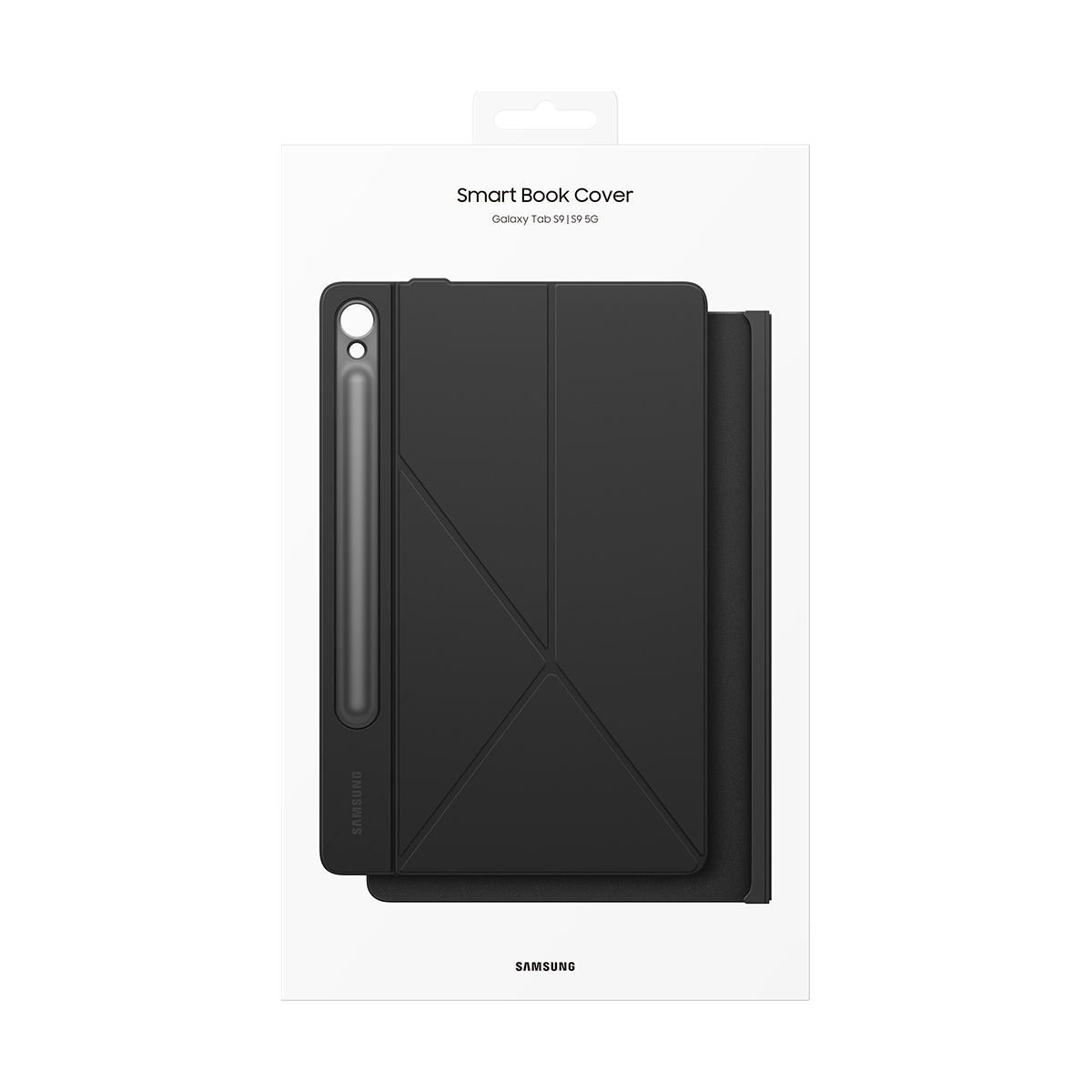 Czarne etui na tablet z uchwytem na rysik S Pen na białym opakowaniu.