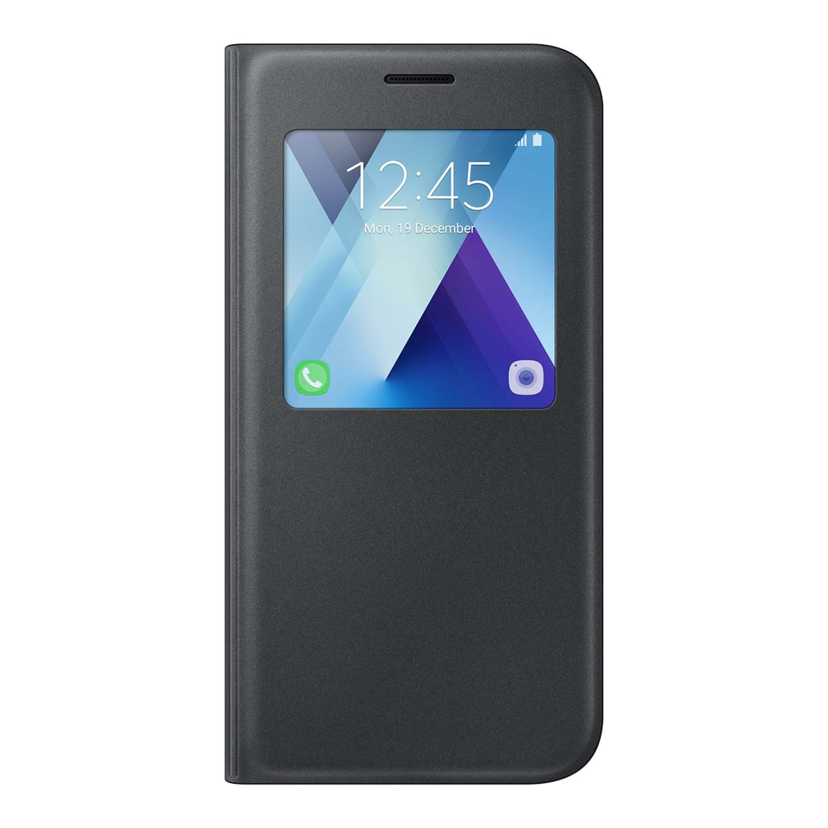 Funda de teléfono negra con ventana que muestra las 12:45 y un icono de llamada.