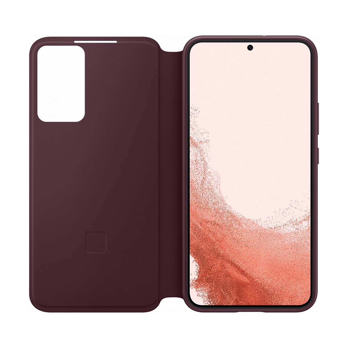 Una custodia per telefono aperta, color borgogna, con uno smartphone. La custodia ha un ritaglio per la fotocamera.