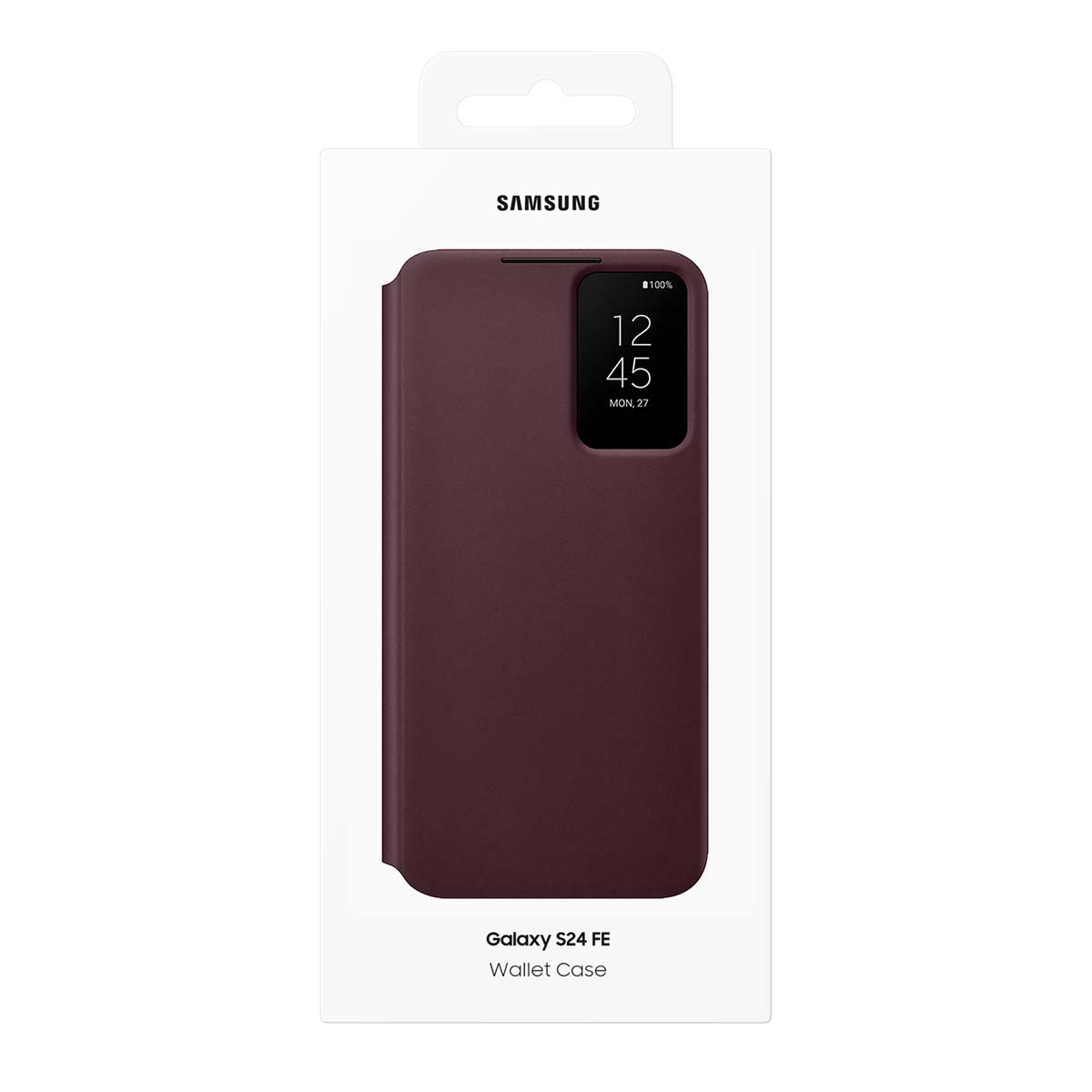 Custodia a portafoglio Samsung Galaxy S24 FE in rosso scuro con display.