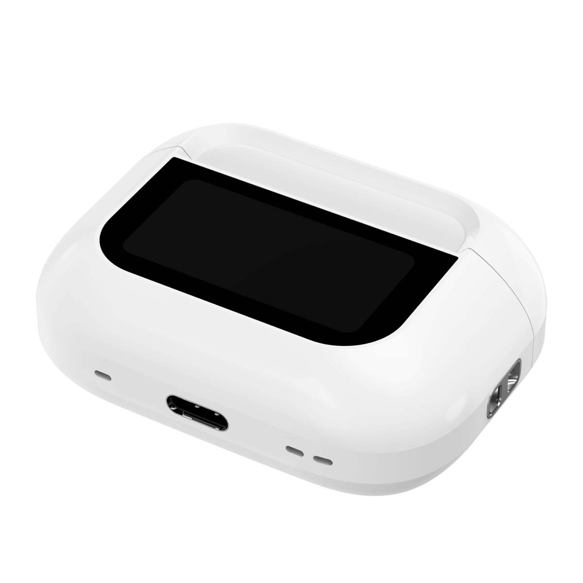 Ein weißes Ladeetui mit schwarzem Bildschirm und USB-C-Anschluss.