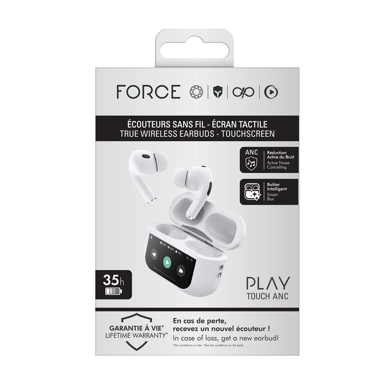 Verpackung für weiße True Wireless Ohrhörer mit ANC und Ladecase. 35h Akkulaufzeit.