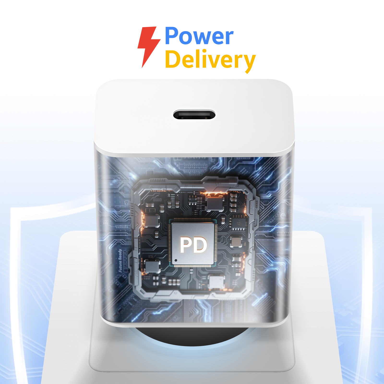Un cargador USB-C blanco con vista transparente de placa de circuito interna y chip PD.