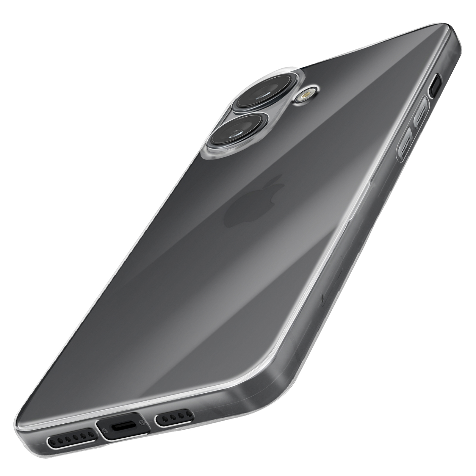 Una cover trasparente per telefono con due lenti e flash.