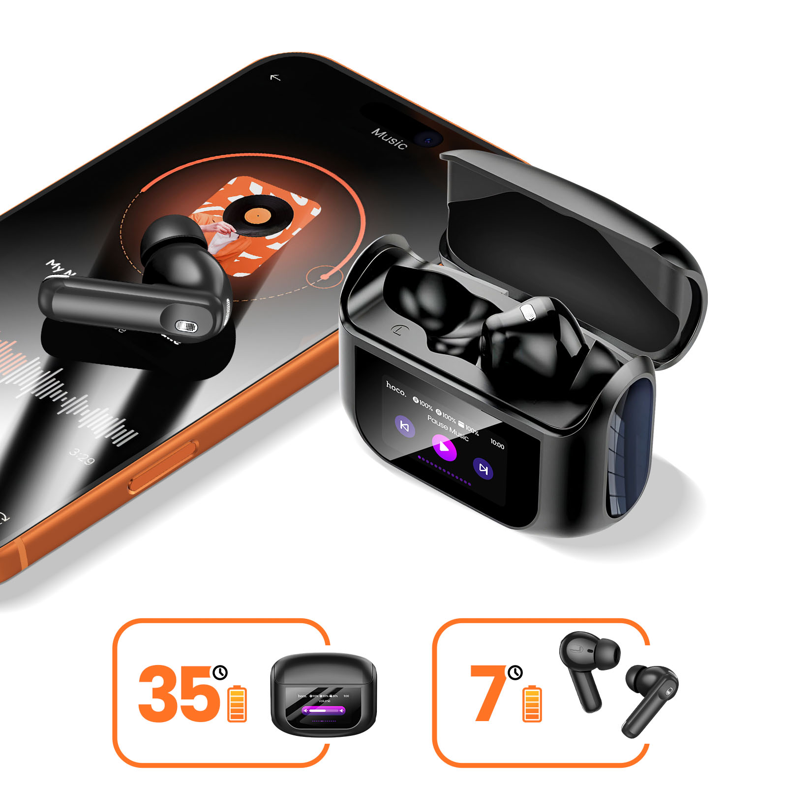 Auriculares inalámbricos negros en un smartphone mostrando app de música y estuche.