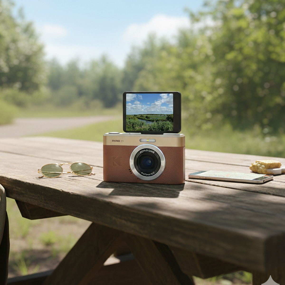 Brązowo-złoty aparat na drewnianym stole z okularami przeciwsłonecznymi i telefonem.