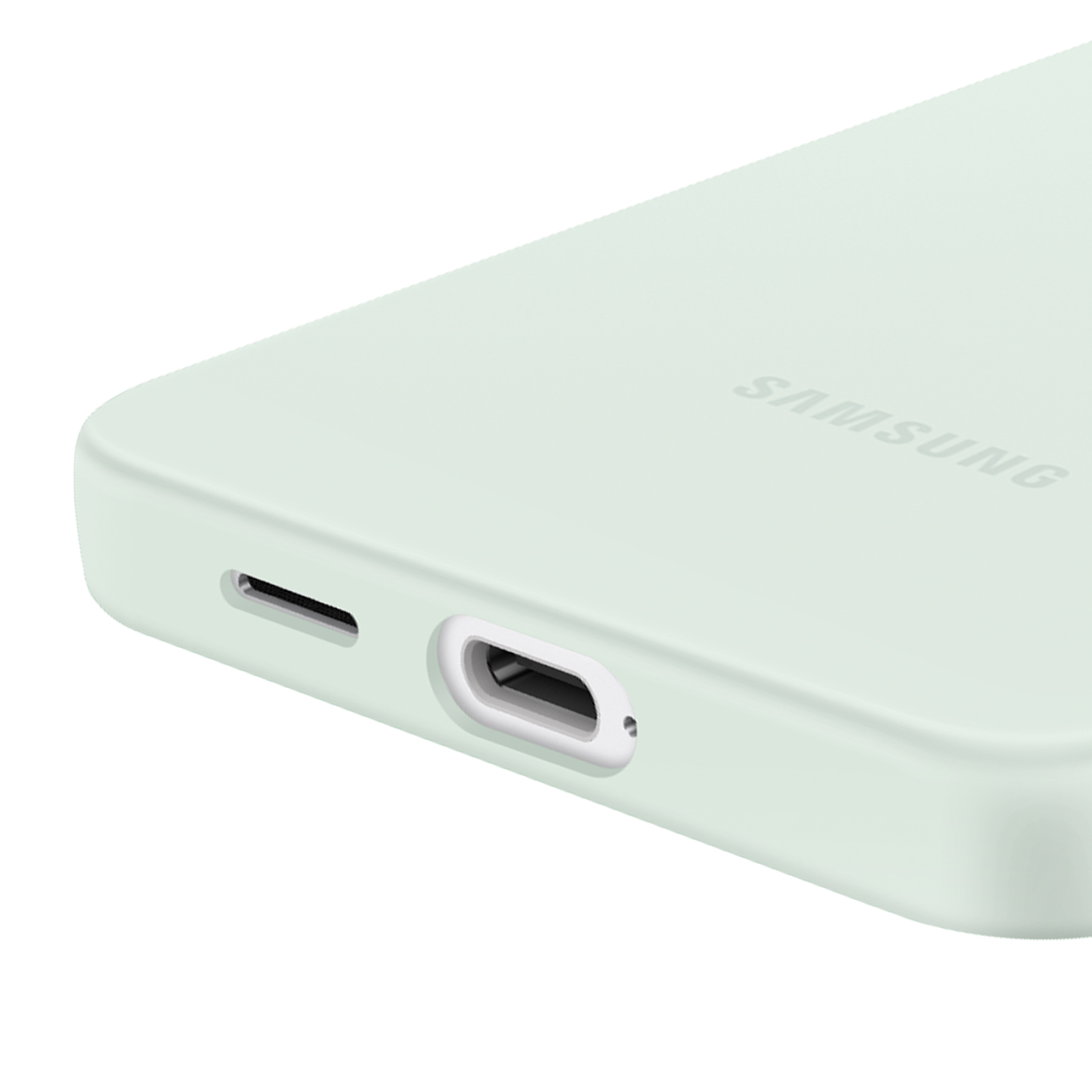Licht muntgroen, Samsung logo, USB-C poort en luidsprekergrill.