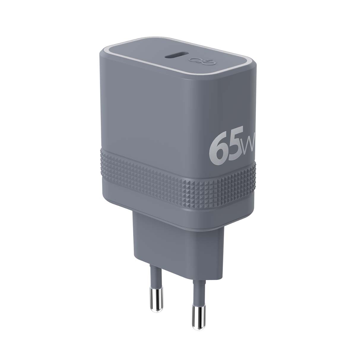 Adaptador de cargador de pared gris de 65W con dos clavijas metálicas.