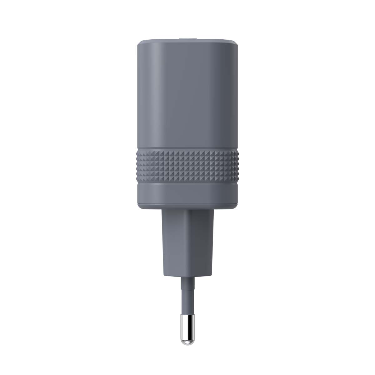Adaptador de corriente gris con banda texturizada y punta plateada.