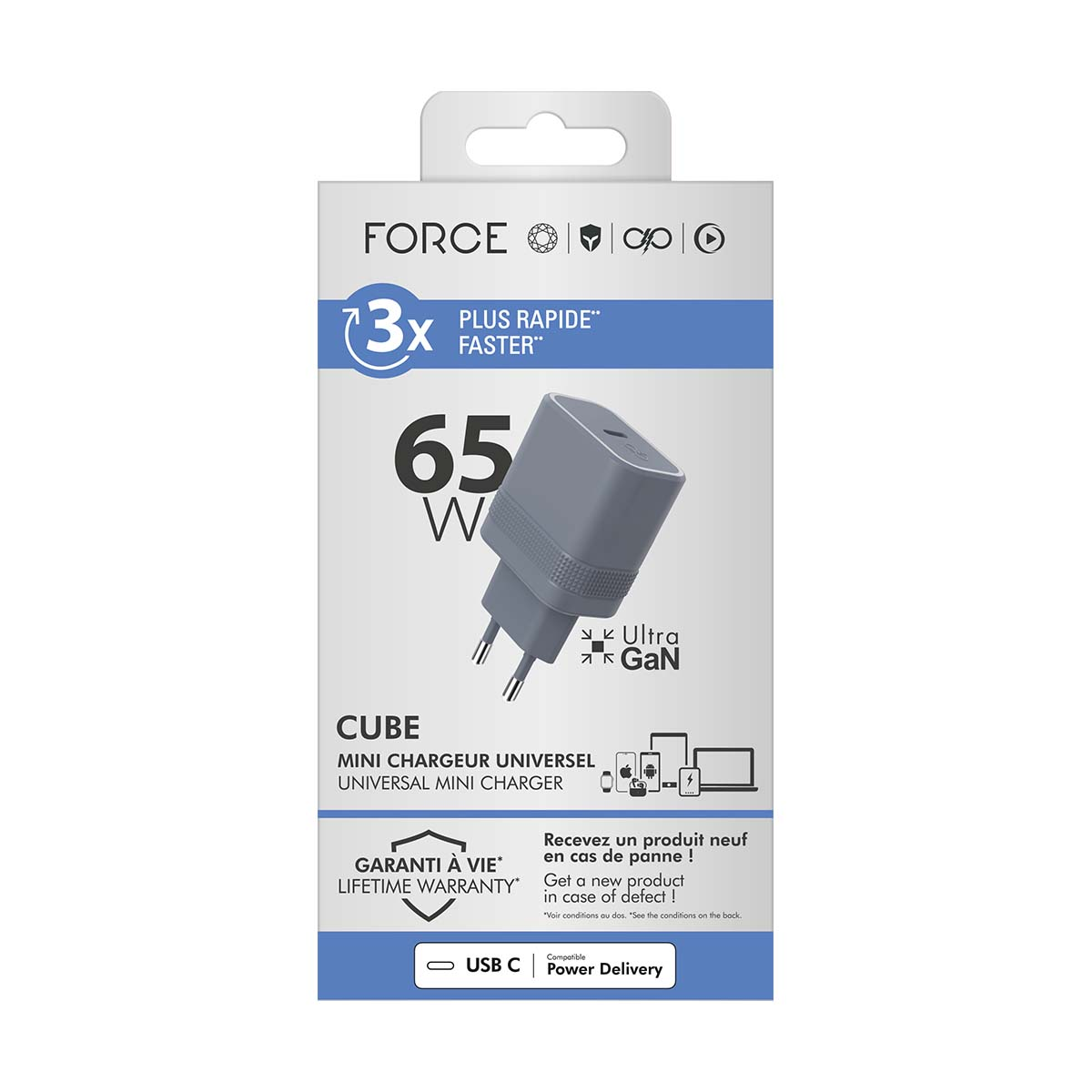 Adaptador de corriente USB-C gris de 65W con tecnología 'Ultra GaN'.