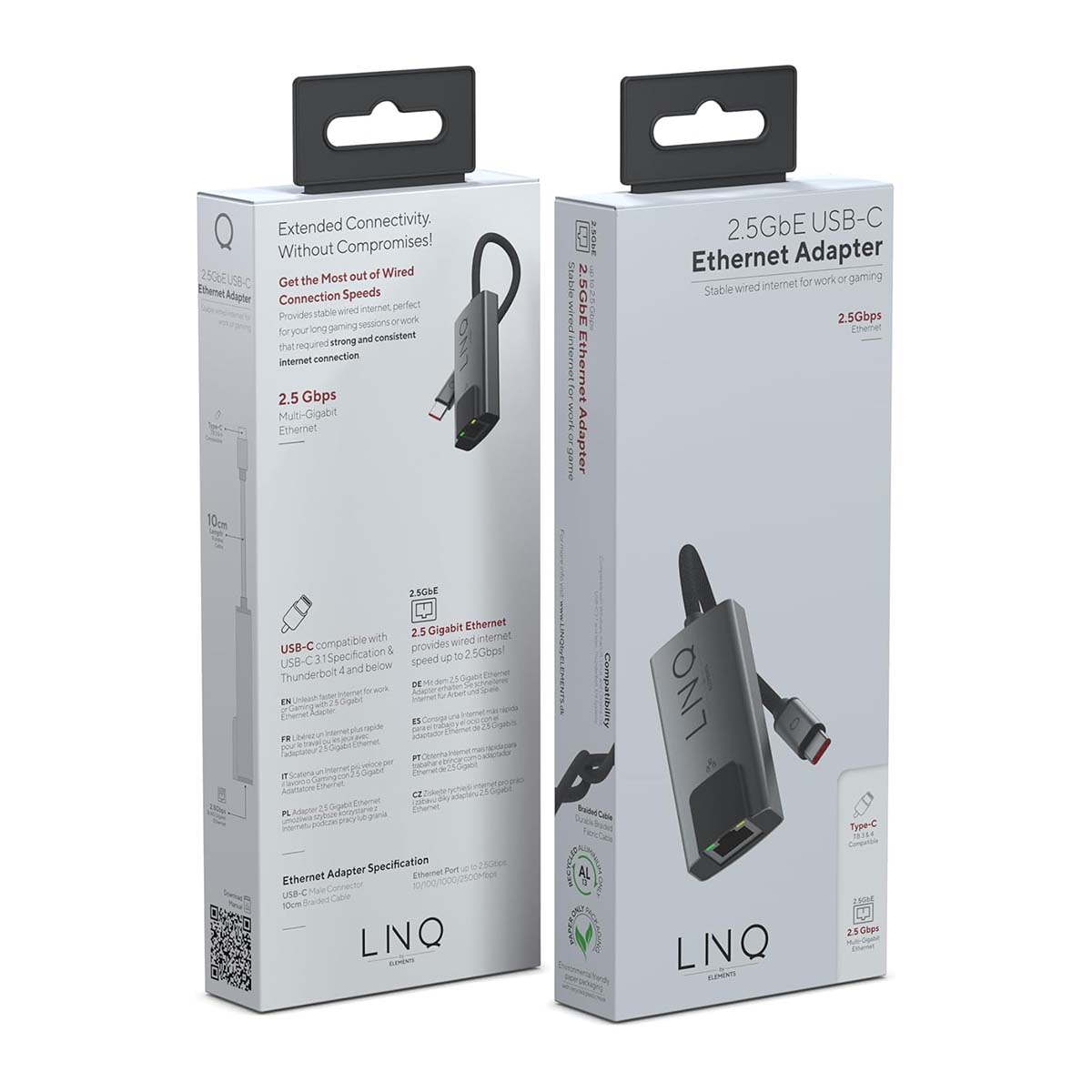 Verpackung mit zwei USB-C Ethernet Adaptern, einer detailliert abgebildet.