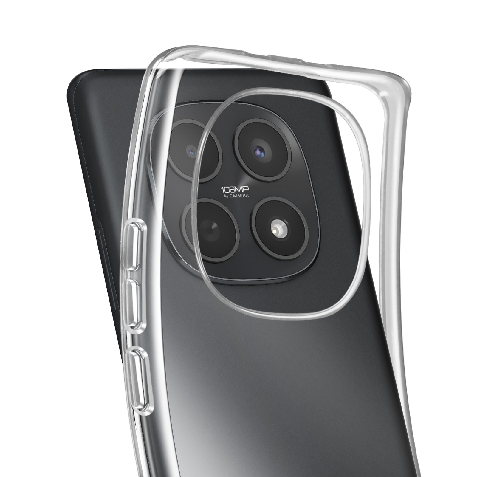 Een doorzichtige hoes ter bescherming van een smartphone met vier camera's en 108MP.