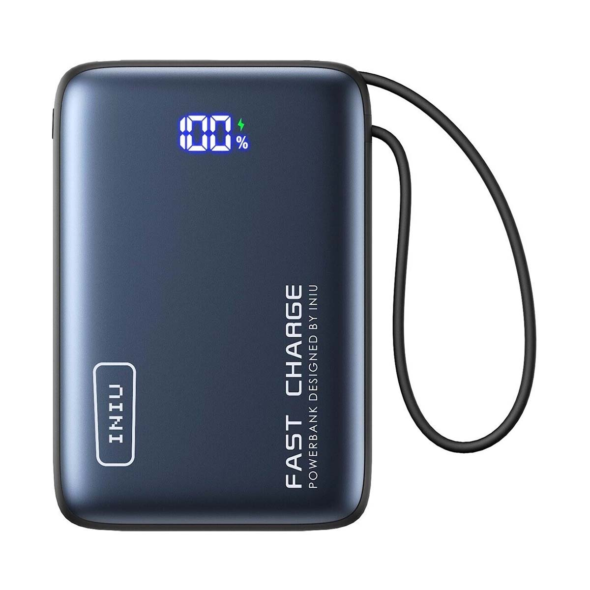 Batería externa gris oscura con 100% de carga y cable negro.