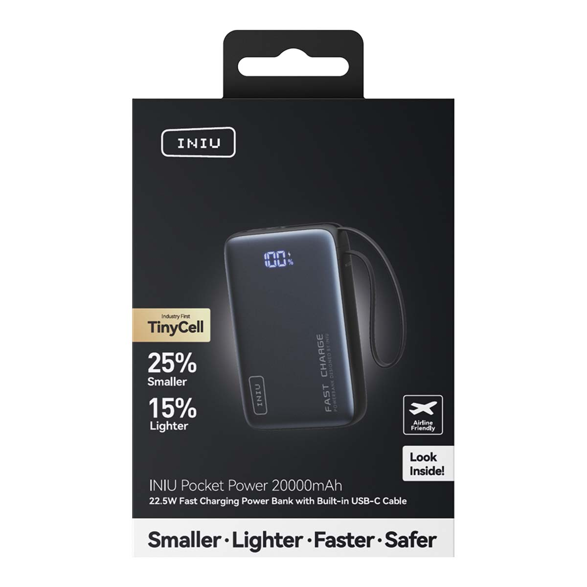 INIU Power Bank 20000mAh, carga rápida 22.5W con cable USB-C.