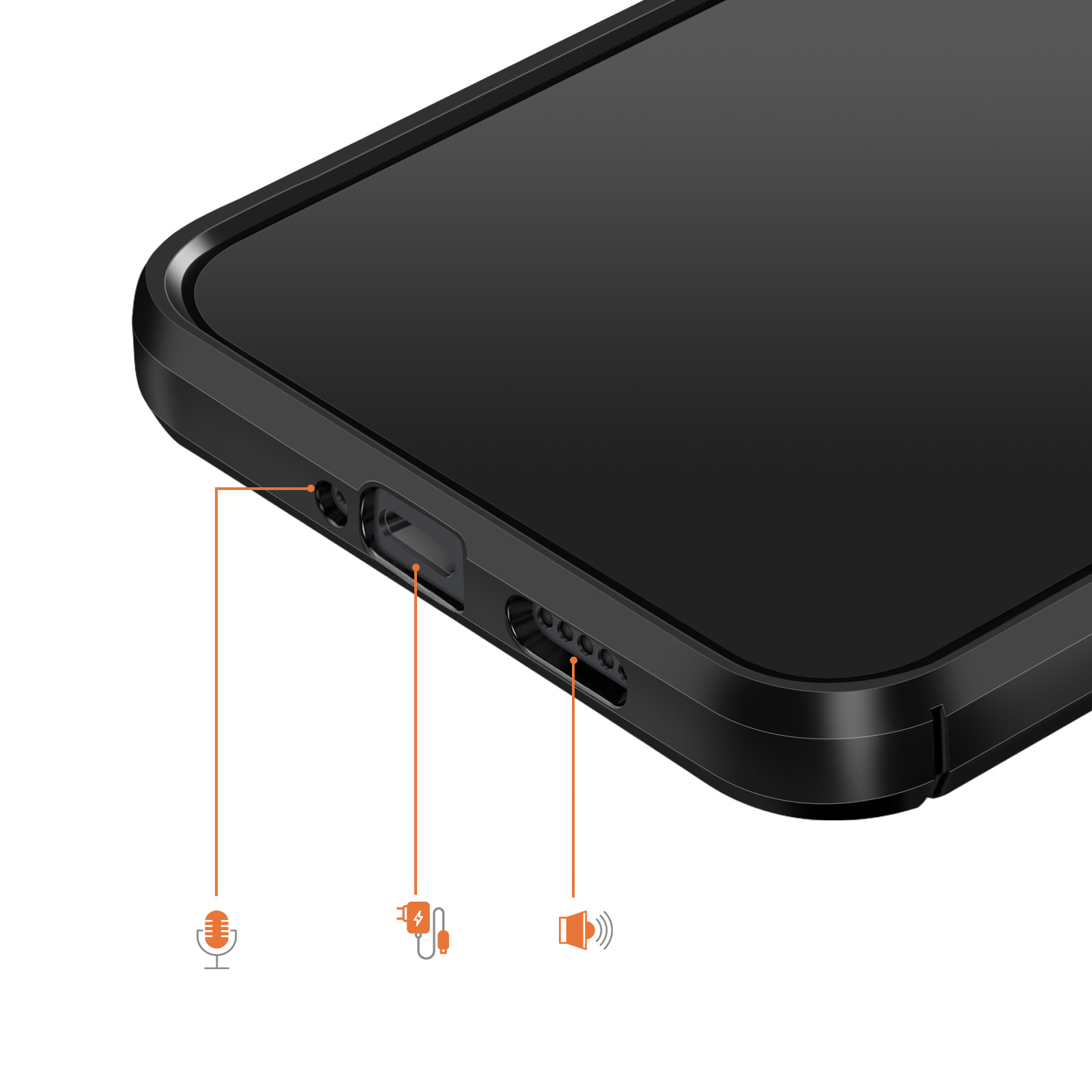Primo piano del fondo di uno smartphone nero che mostra porte e icone per microfono, ricarica e altoparlante.