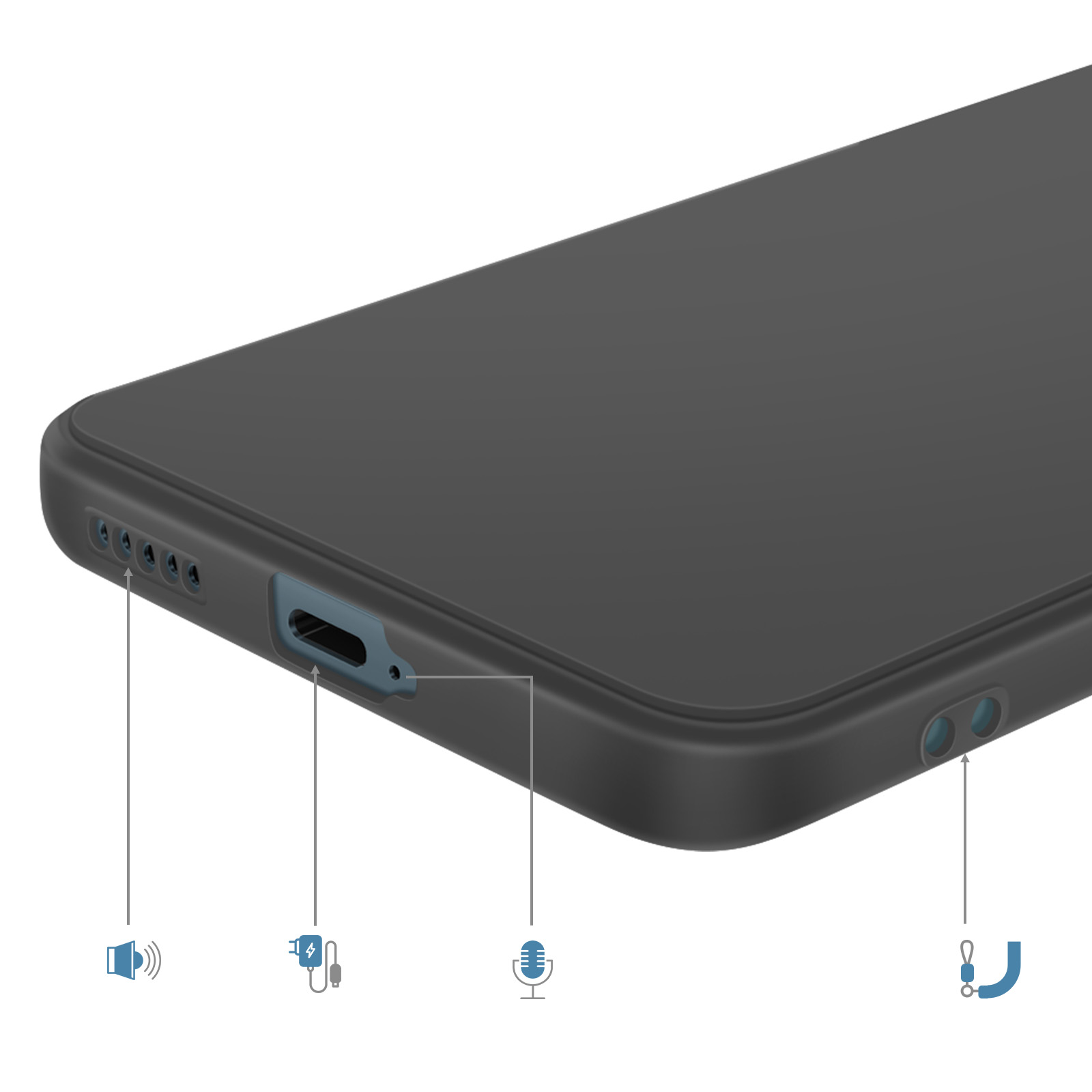 Zwarte smartphone met oplaadpoort, microfoon, luidspreker en sleutelgat.
