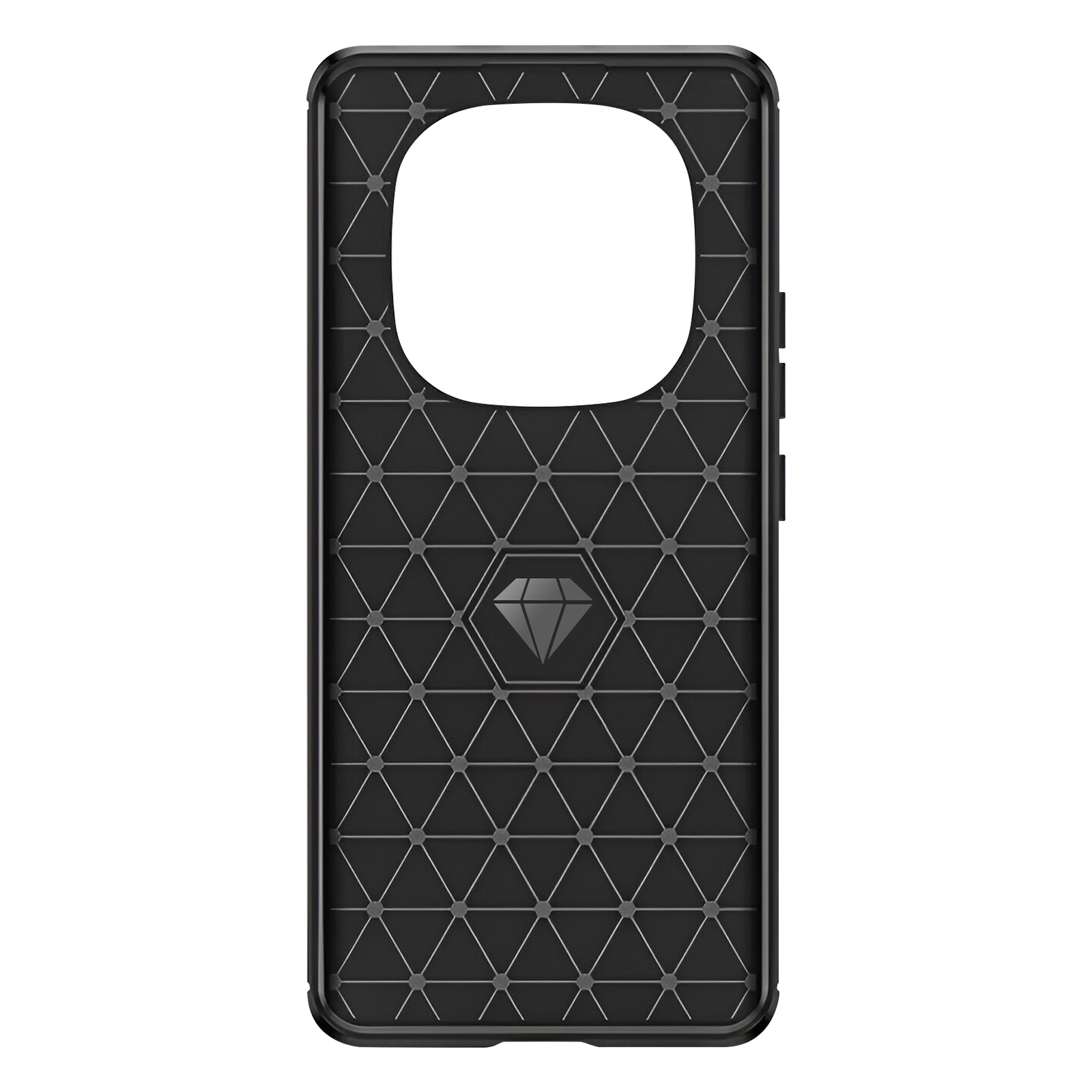 Cover nera per telefono con motivo triangolare e logo diamante.