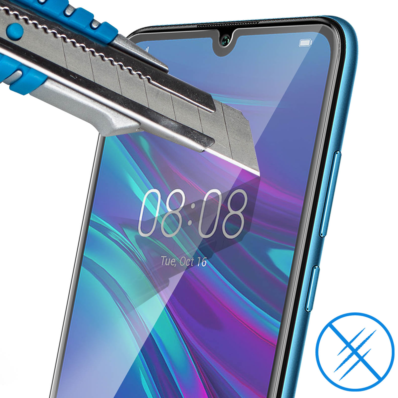 Un taglierino graffia uno smartphone blu che mostra le 08:08.