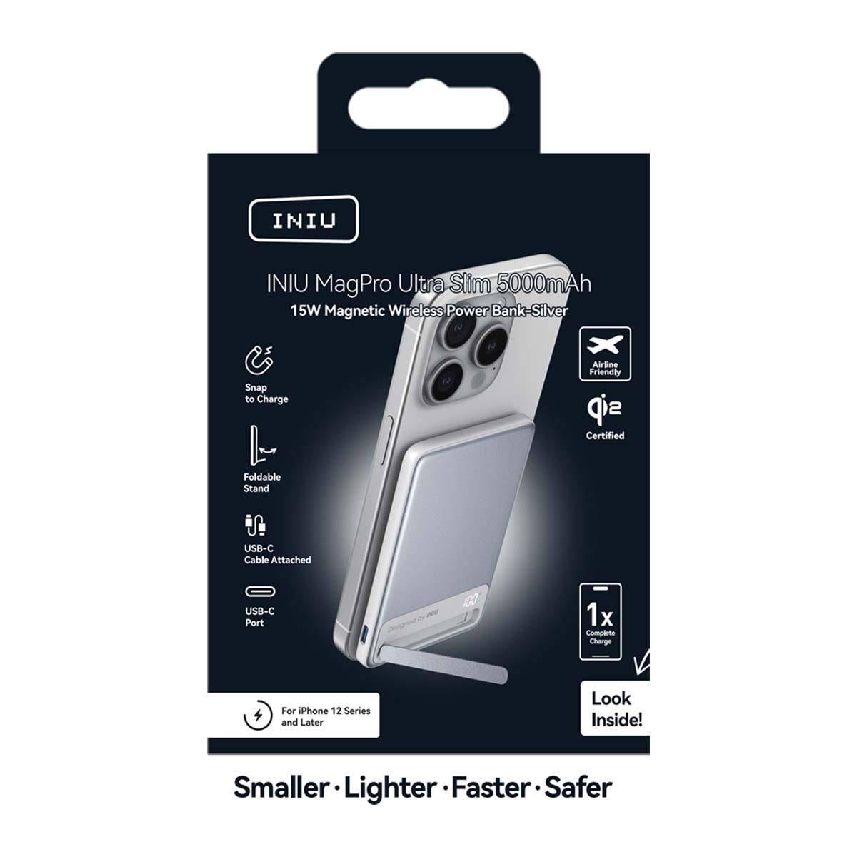 Powerbank INIU MagPro Ultra Slim con soporte y funciones de carga.