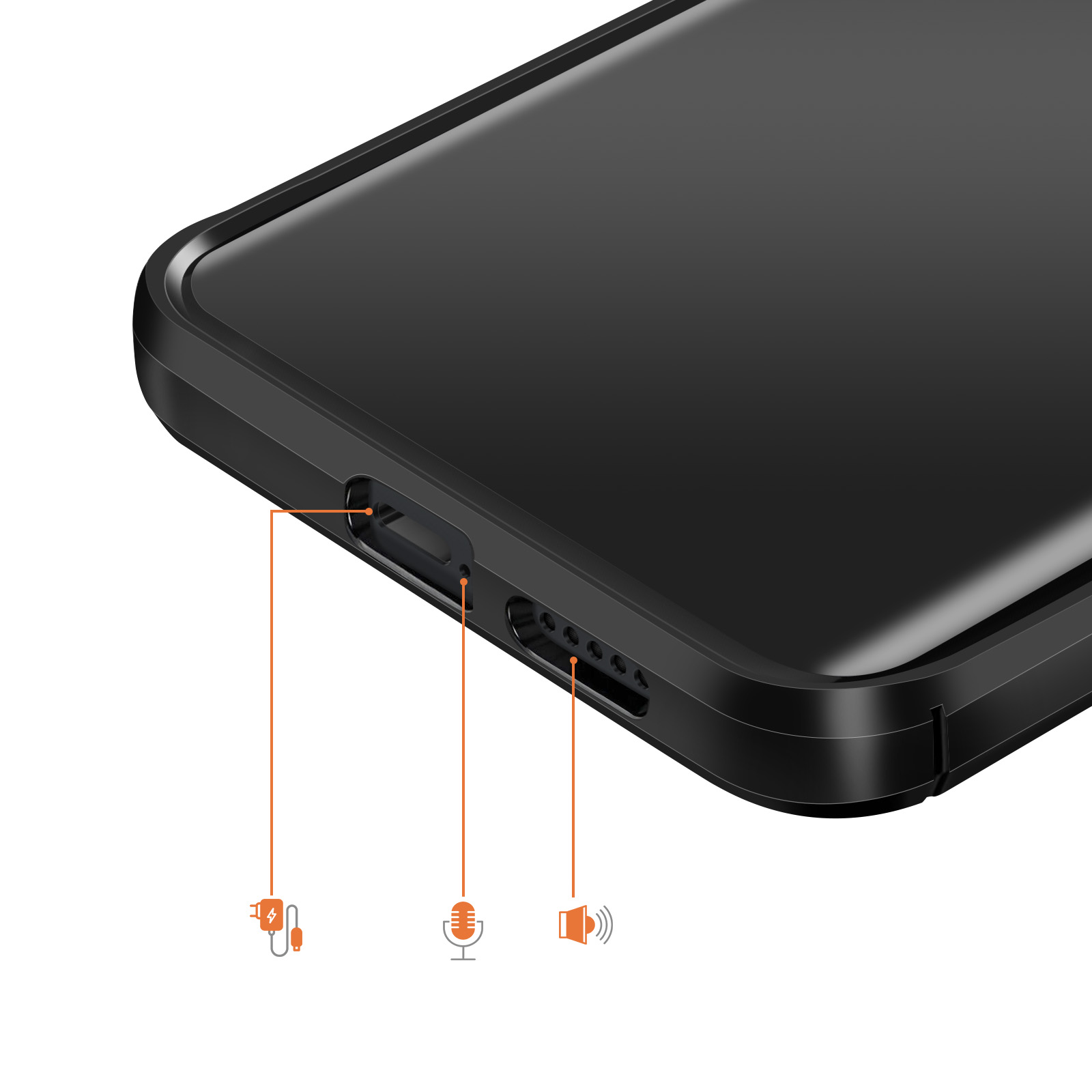 Close-up van een zwarte smartphone met poorten en iconen voor opladen, microfoon en luidspreker.