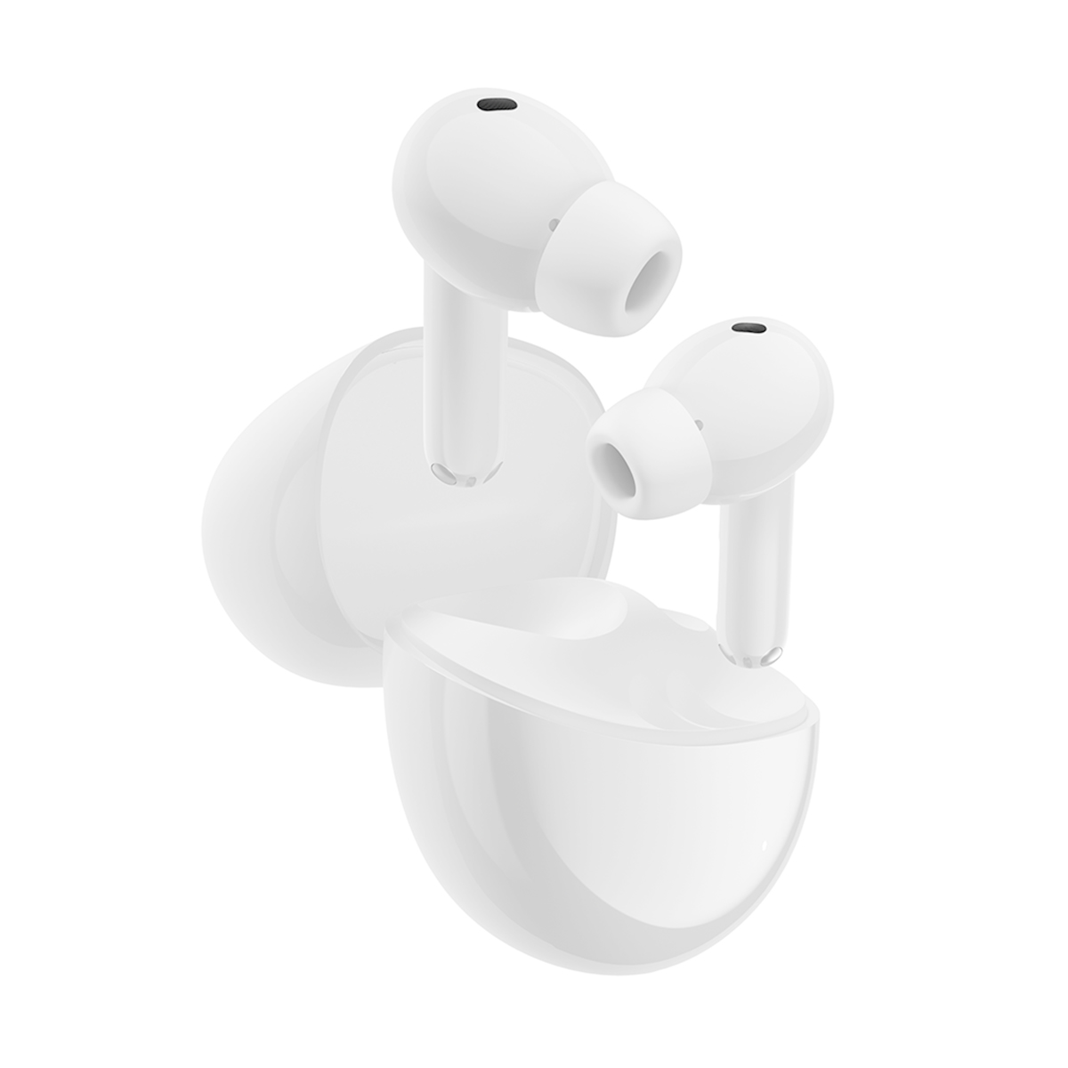 Dwa białe słuchawki bezprzewodowe z etui ładującym.