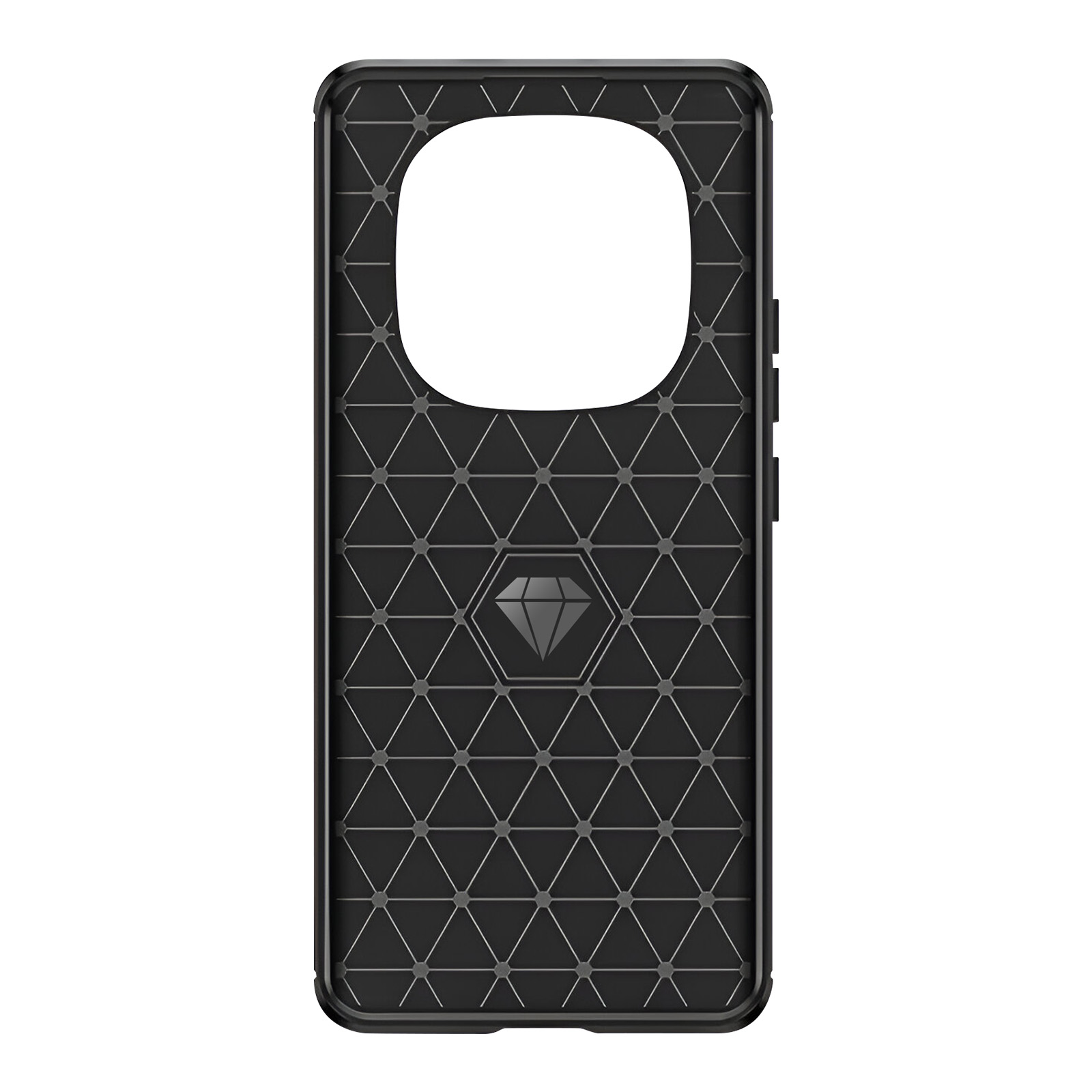 Zwarte telefoonhoes met driehoekspatroon en diamantlogo.