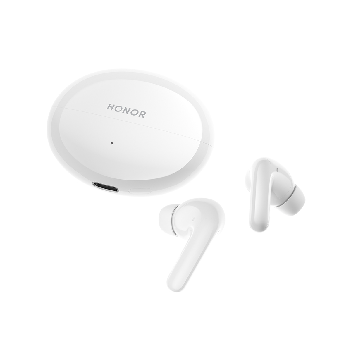 Białe etui ładujące Honor z dwoma białymi słuchawkami bezprzewodowymi obok.