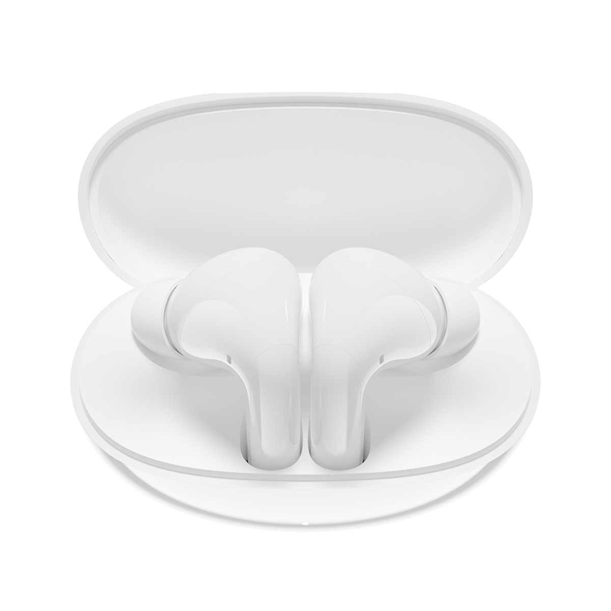 Białe słuchawki bezprzewodowe w otwartym etui ładującym, zbliżenie.