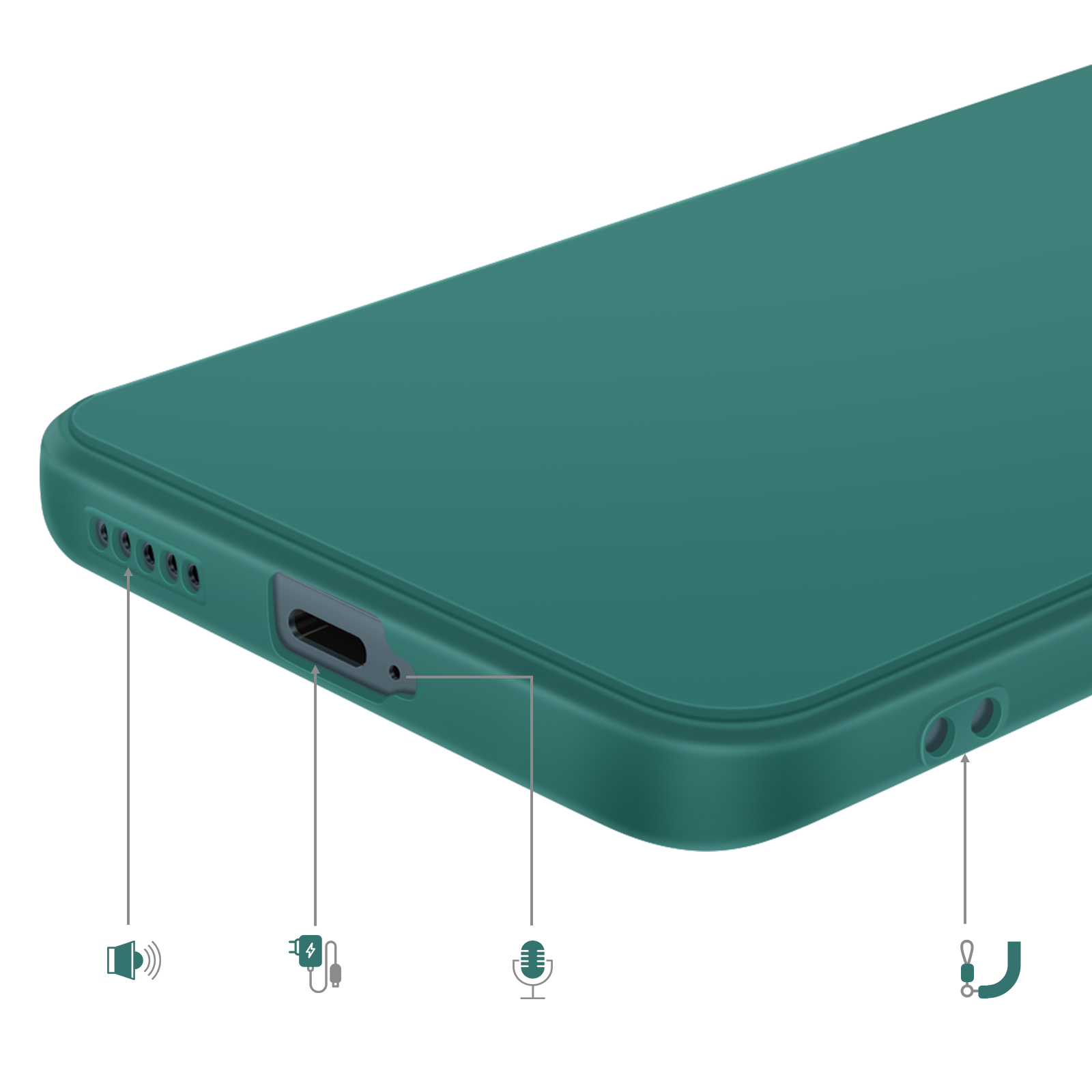 Custodia verde per telefono con ritagli per altoparlante, ricarica, microfono, laccetto.