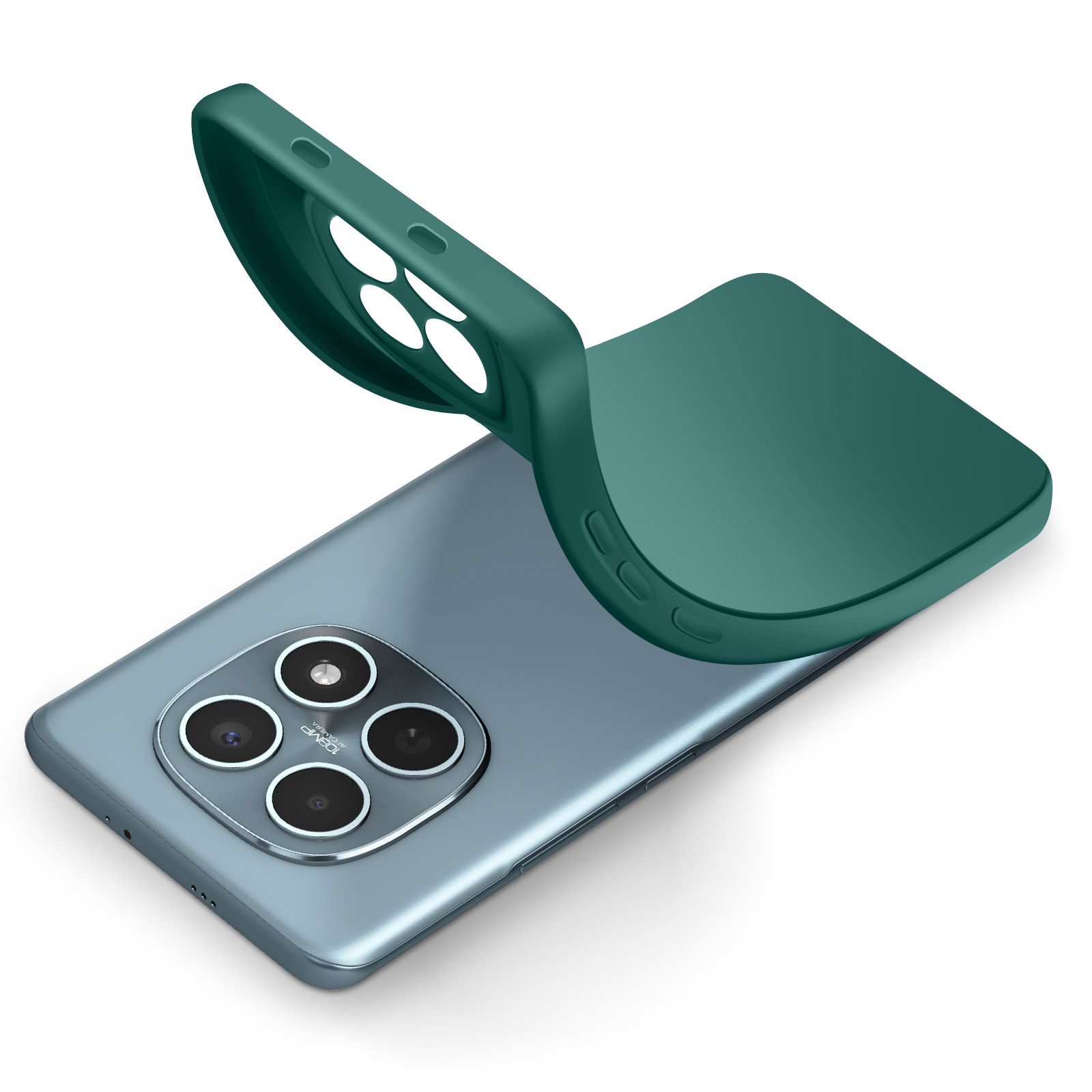 Una custodia per telefono verde acqua si piega su uno smartphone blu con quattro fotocamere.