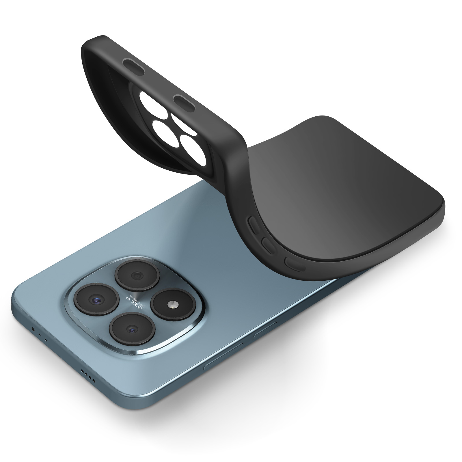 Una cover nera si piega su uno smartphone blu con quattro fotocamere.