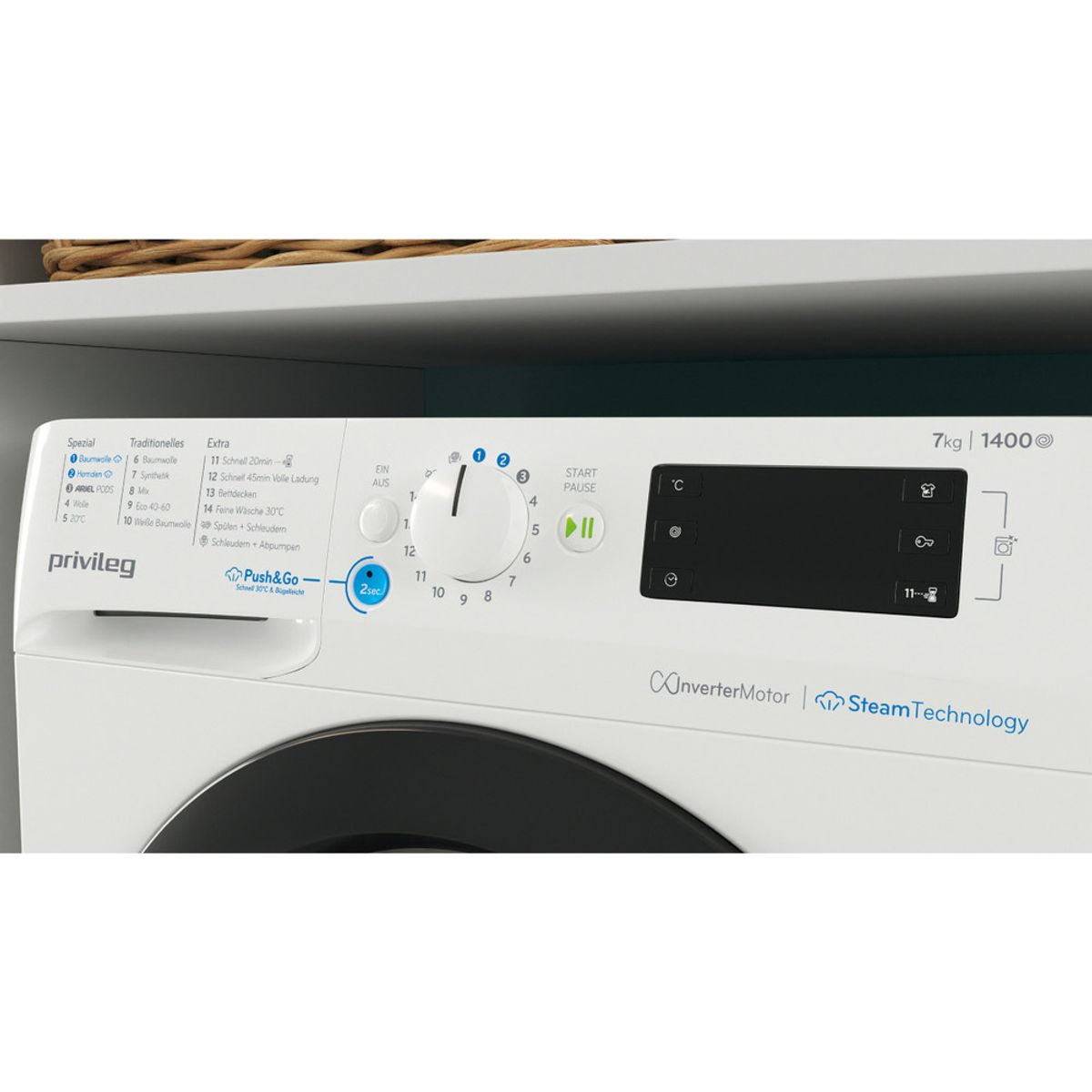 Bedienfeld einer Waschmaschine mit Programmauswahl, digitalem Display und Startknopf.