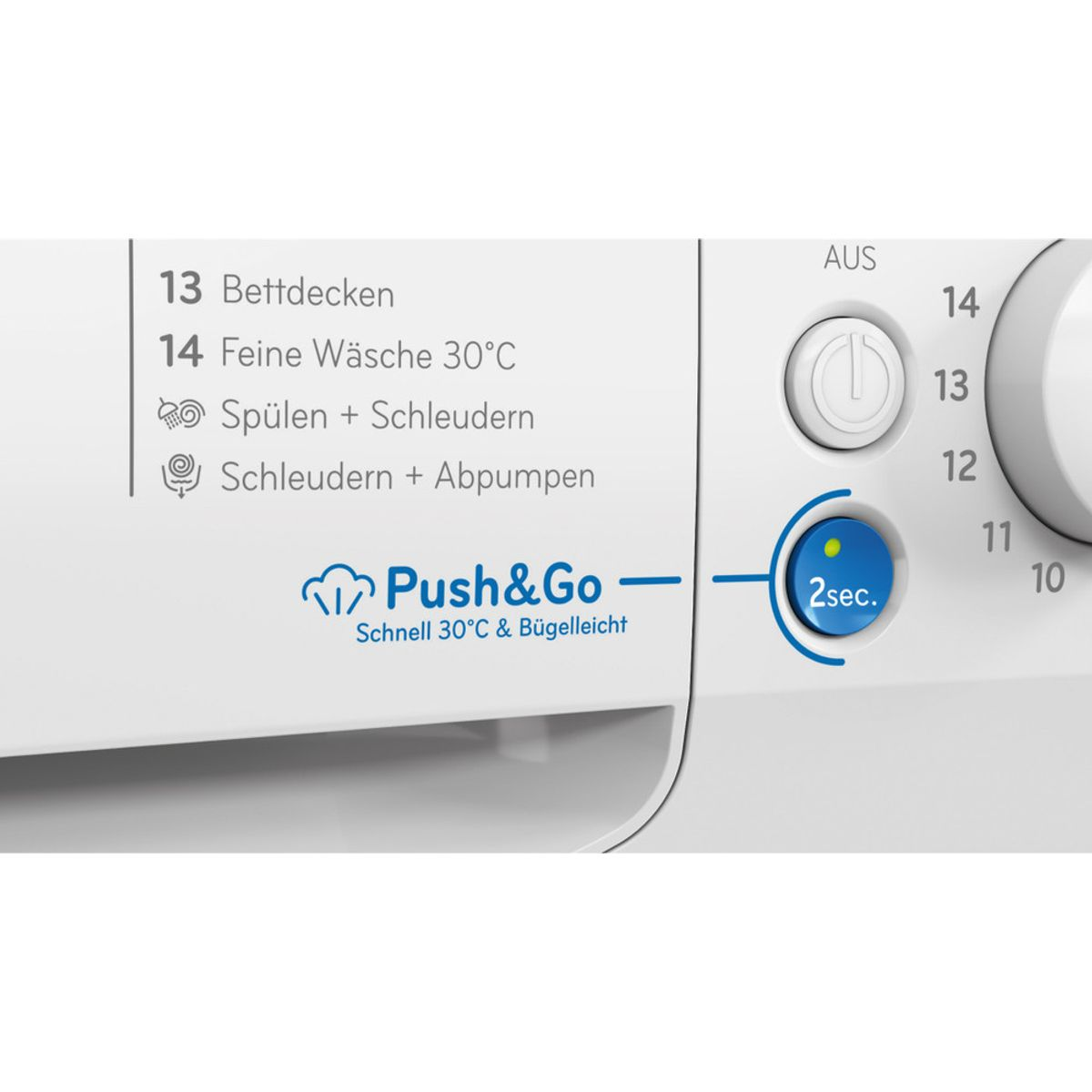 Bedienfeld einer Waschmaschine mit Programmen und "Push&Go"-Taste.