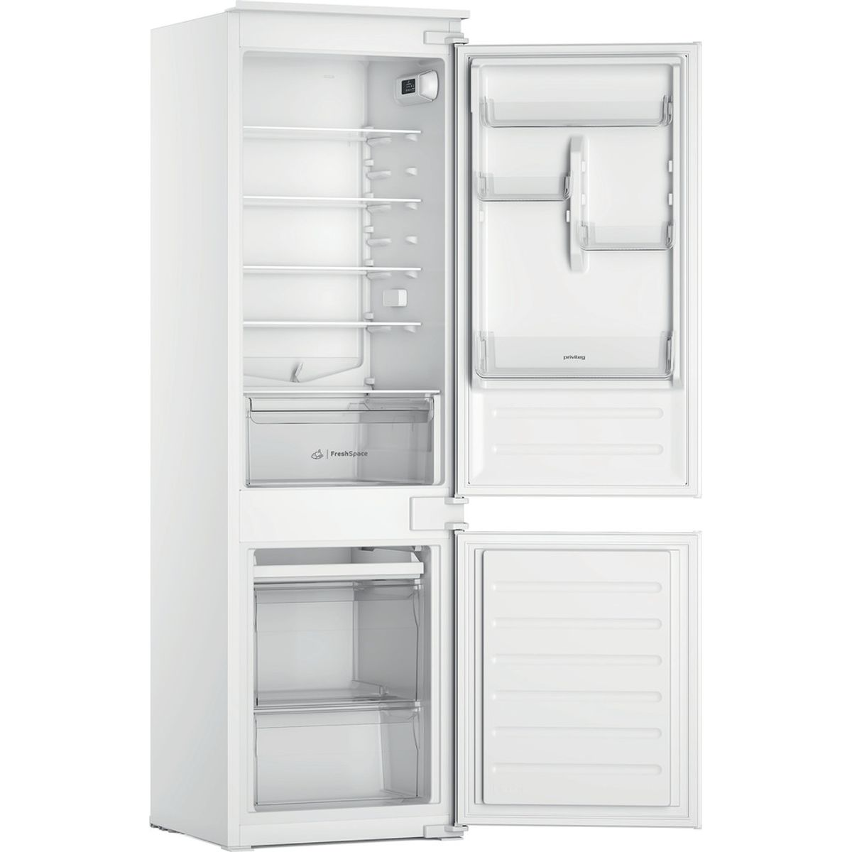 Ein weißer Kühlschrank mit offenen Türen, der Regale und Schubladen im Inneren zeigt.