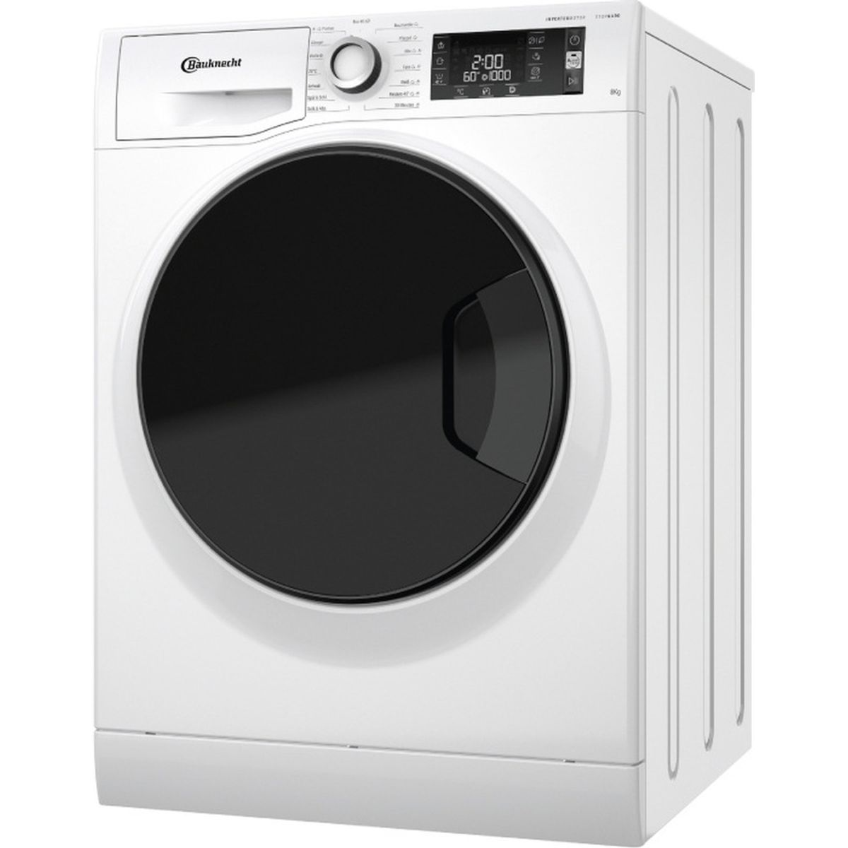 Weiße Bauknecht Waschmaschine mit schwarzer Tür und digitalem Display.