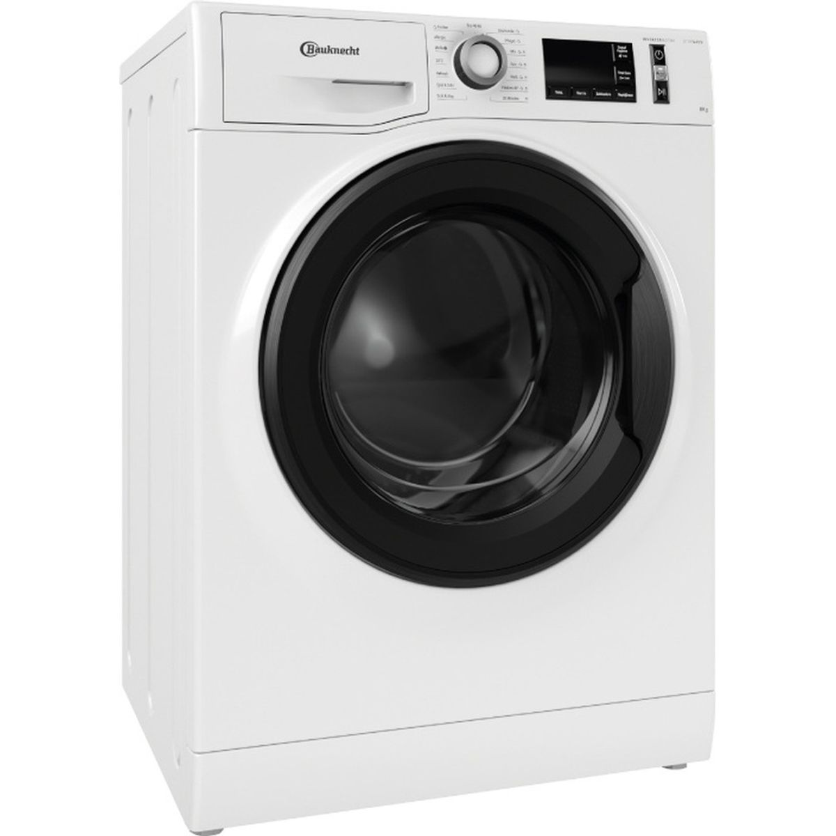 Eine weiße Bauknecht Waschmaschine mit schwarzer Tür und Bedienfeld.