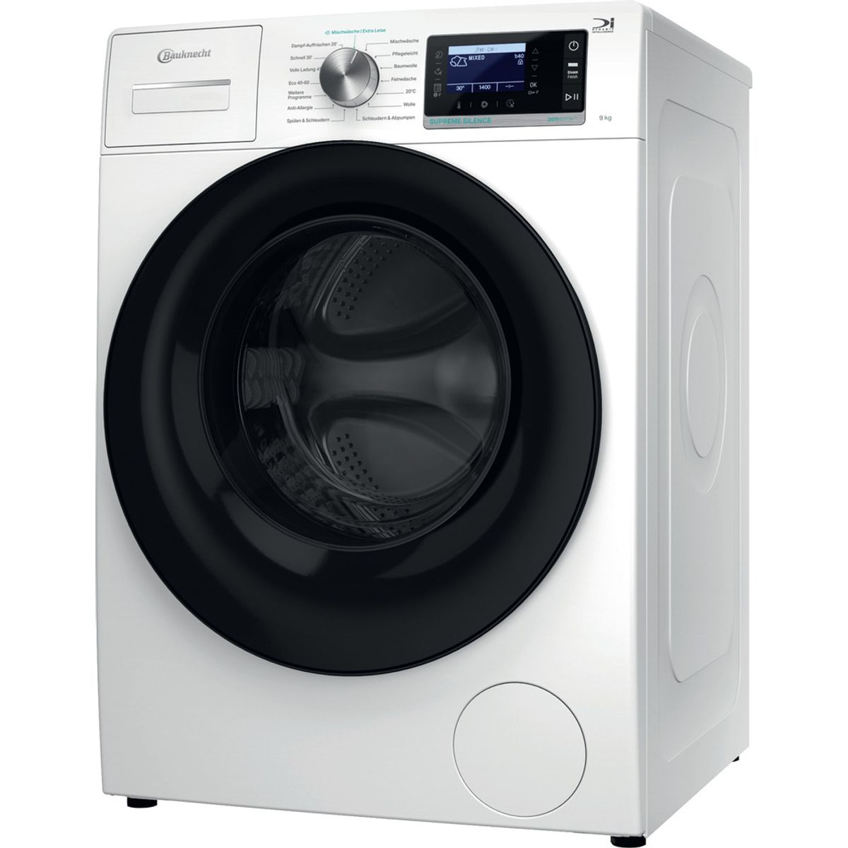 Weiße Bauknecht Waschmaschine mit schwarzer Tür und Bedienfeld.