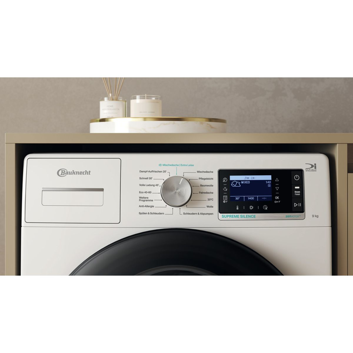 Bauknecht Waschmaschine mit digitalem Display, Programmwahlrad und 9kg Kapazität.