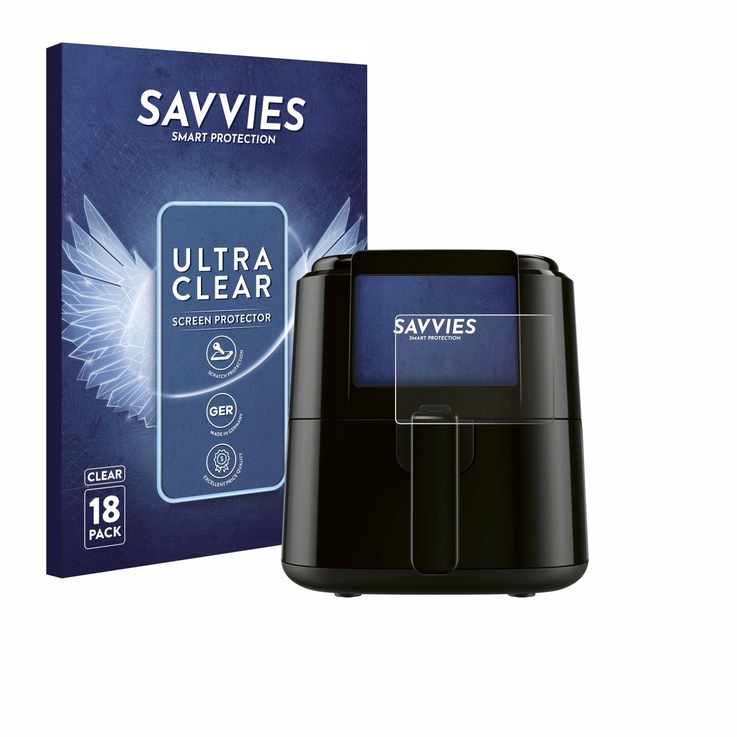 Ein schwarzer Airfryer neben einer Packung Displayschutzfolien von Savvies.