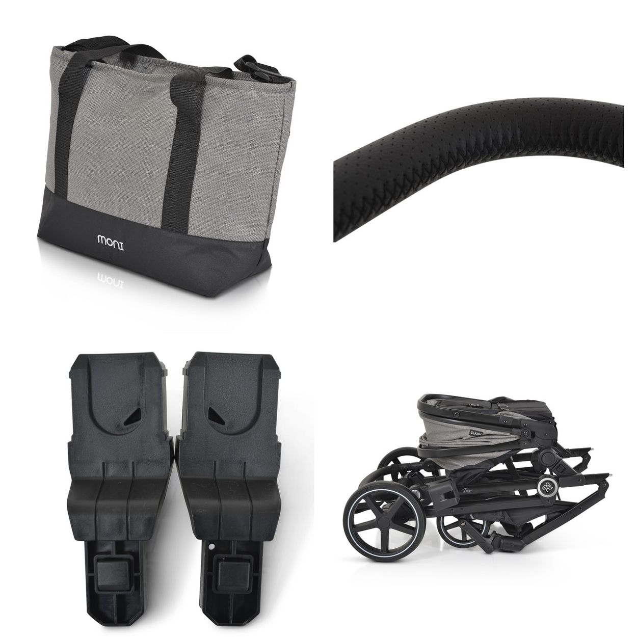 Eine graue Stofftasche, schwarze Adapter und ein zusammengeklappter Kinderwagen.