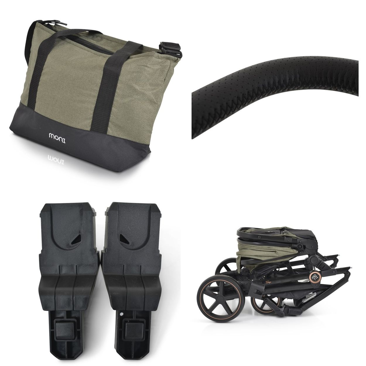 Kinderwagenzubehör: Tasche, Griff, Adapter und zusammengeklappter Kinderwagen.