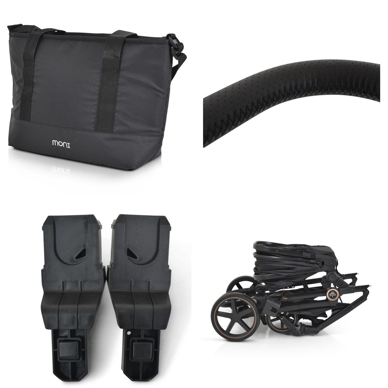 Vier Babyartikel: Tasche, Griff, Adapter und zusammengeklappter Kinderwagen.